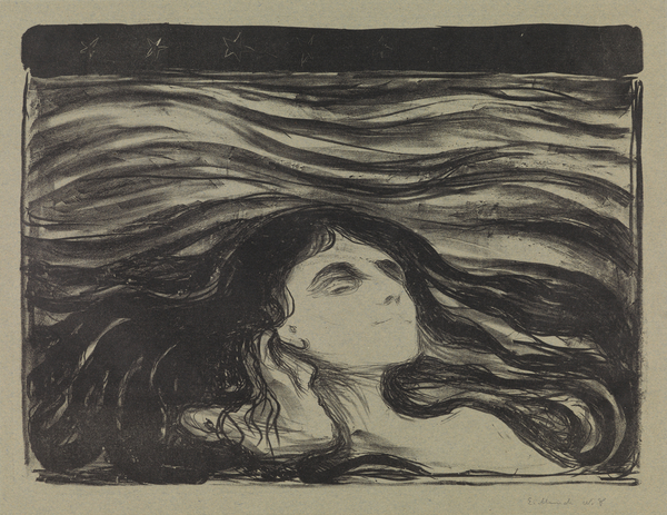 Billedet "På kjærlighetens bølger" af Edvard Munch er et litografi.