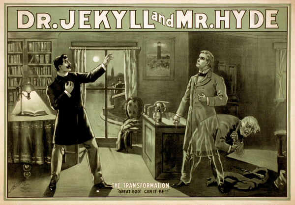 Romanen "Dr. Jekyll og Mr. Hyde"  blev skrevet af  Robert Louis Stevenson 1886. Dette er en plakat fra en teateropsætning af "Dr. Jekyll og Mr. Hyde"  i 1880’erne.