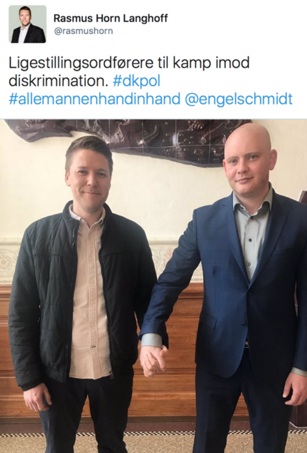 Politikere Rasmus Horn Langhoff (S) og Jakob Engel-Schmidt (V) lavede dette opslag på Twitter for at vise modstand mod homofobi.