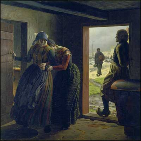 Mange kunstnere var i perioden omkring det moderne gennembrud optagede af folkets hverdagsliv og levevilkår. Kunstneren Christen Dalsgaard malede i 1860 maleriet "En afsked".